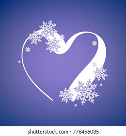 Vector illustration of the heart white frame with snowflakes.
