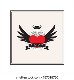 vector illustration heart with wings and crown, banner with inscription love