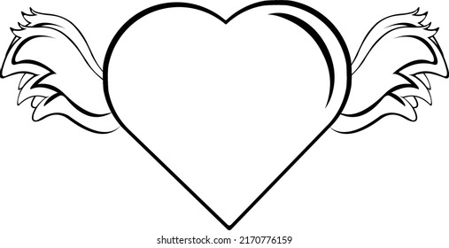 Vector illustration of a heart with wings drawn in black and white