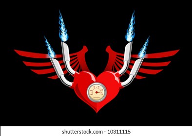 Vector illustration of a heart with wings and flames isolated on black background