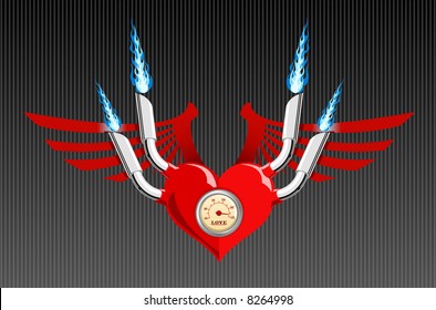 Vector illustration of a heart with wings and flames