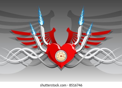 Vector illustration of a heart with wings and flames on a silver background