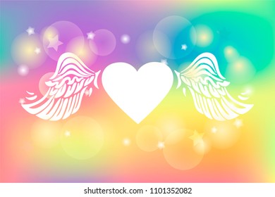 Vector illustration with Heart and Wings isolated on rainbow colors background. Poster for Love You card, St Valentine's day, lgbt concept.