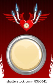 Vector illustration of a heart with wings on a red background with copy-space. See others in portfolio