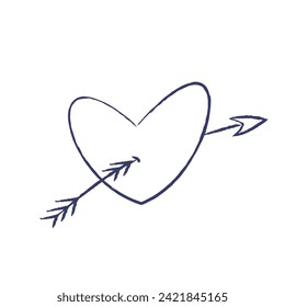 Vector Illustration of Heart with Wings pierced by Arrow. Charcoal crayon hand drawn design. Isolated element on a white background