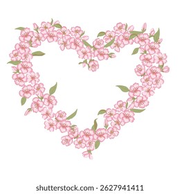 A vector illustration of a heart woven from cherry blossom petals and delicate buds. Minimalist lines, soft pink and white gradients, ethereal composition. Perfect for wedding branding, greeting cards