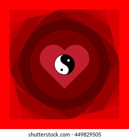 vector illustration of heart with Yin Yang symbol and abstract red background