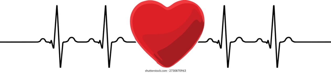Ilustración vectorial de la forma de onda del latido del corazón con el símbolo central del corazón rojo que representa la vitalidad y la conexión emocional