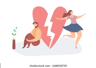 Vector Illustration Of Heartbroken Couple Parting. Sad Man And Happy Woman. End Of Love And An Abusive Relationship