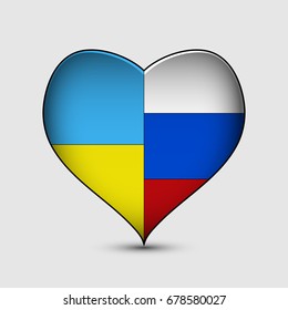 Vector illustration of hearth with Russian and Ukrainian flags halves.