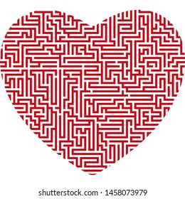 Vector illustration. Hearth shape silhouette with maze or labyrinth texture. Isolated.
