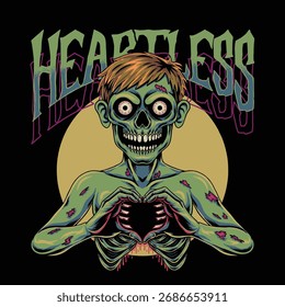 Vector illustration of a heartless zombie with a dark streetwear aesthetic. Featuring bold colors, gothic lettering, and detailed undead character design, perfect for T-shirt graphics, horror themes, 