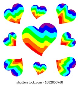 Ilustración vectorial de los corazones. Imagen abstracta que representa montañas o olas marinas en colores de arco iris. Fondo multicolor