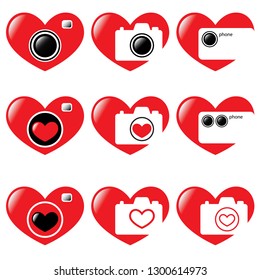 Vector illustration. Hearts and camera. I love photography.
