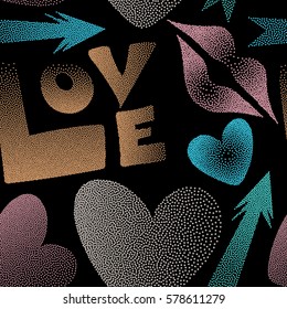 Vector illustration. Hearts, cupid's arrow, lipstick kisses and love word seamless pattern. Love symbols in gray and blue colors on a black background.