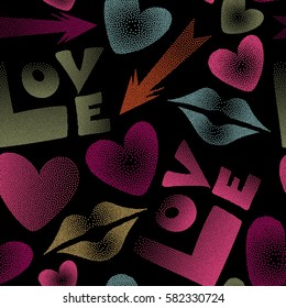 Vector illustration. Hearts, cupid's arrow, lipstick kisses and love word seamless pattern. Love symbols in pink, brown and purple colors on a black background.
