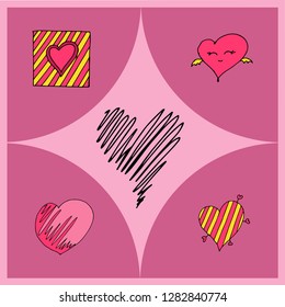 Vector illustration of hearts of different shapes as a symbol of Valentine's Day and love. Pink heart in 5 variants.