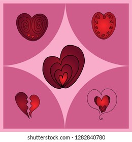 Vector illustration of hearts of different shapes as a symbol of Valentine's Day and love. Pink heart in 5 variants.