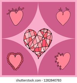 Vector illustration of hearts of different shapes as a symbol of Valentine's Day and love. Pink heart in 5 variants.