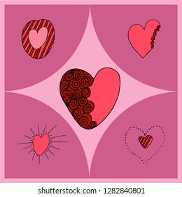 Vector illustration of hearts of different shapes as a symbol of Valentine's Day and love. Pink heart in 5 variants.