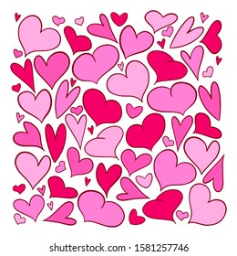 Vector illustration with hearts of different shapes and sizes. Set of pink hearts isolated on white background. Great for Valentine's day design.