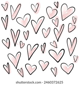 Vector illustration of hearts in doodle style. Simple and colorful graphic elements for decor, cards and holiday decoration