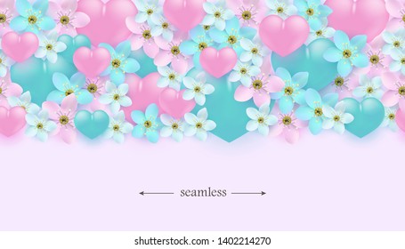 Vector illustration of hearts and flowers horizontal seamless border pattern. Romantic ornament with pastel pink and turquoise elements in realistic style for surface holiday design.