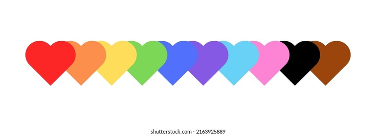 Vector Illustration of Hearts in LGBTQ+ Pride Flat Colours. Rainbow Hearts Banner for Pride Month isolated on white background. Gay Pride Hearts Design Element for social media.