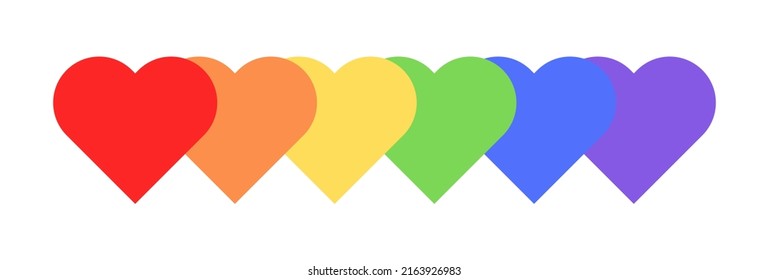 Vector Illustration of Hearts in LGBTQ+ Pride Flat Colours. Rainbow Hearts Banner for Pride Month isolated on white background. Gay Pride Hearts Design Element for social media.