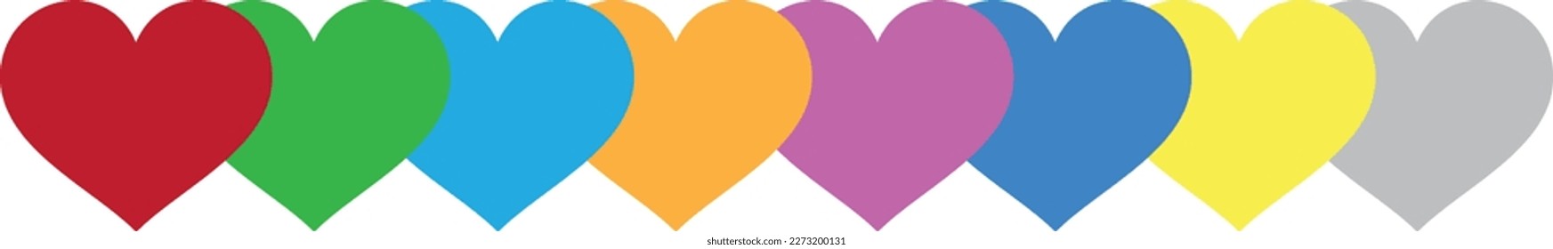 Vector Illustration of Hearts in LGBTQ+ Pride Flat Colours. Rainbow Hearts Banner for Pride Month isolated on white background. Gay Pride Hearts Design Element for social media.