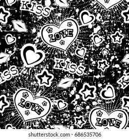 Vector illustration hearts, lips and stars. Inscription love and kiss on grunge backdrop. Seamless background. For t-shirt design or print on textile.