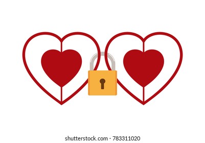 Vector illustration of hearts locked together with padlock isolated on white background - Love concept