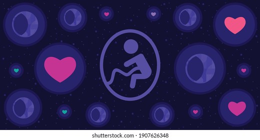 vector illustration of hearts and lunar symbols and developing baby in pregnancy 