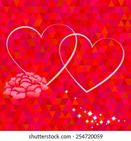 Vector illustration of hearts on the red abstract background