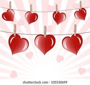 Vector illustration of the hearts on rope on sunny background.