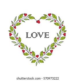 Vector illustration of hearts, romantic decoration branches with leaves