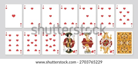 Vector illustration of a Hearts suit card set: Jack, Queen, King, Ace, card back with ornate. Elegant and classic playing cards with decorative pattern for poker, casino, and entertainment projects.
