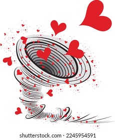 Vector illustration with hearts tornado. Love emotions. Inscription I am crazy about you. Love message. Happy Valentine's Day. Romantic background.