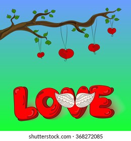 Vector illustration. Hearts tree and love word. Valentine's day postcard. 