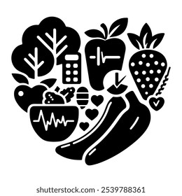 Uma ilustração vetorial de uma composição em forma de coração representando elementos de estilo de vida saudável formada por vários ícones, incluindo frutas, vegetais, uma calculadora, um monitor de frequência cardíaca e um dente.