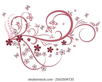 Vector illustration of a heart-shaped floral design featuring intricate swirls, flowers, and butterflies in a pink color scheme.