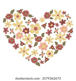 Vector illustration of a heart-shaped floral design in the trending Mocha Mousse color of 2025. Elegant and romantic, perfect for wedding invitations, greeting cards, branding
