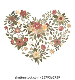 Vector illustration of a heart-shaped floral design in the trending Mocha Mousse color of 2025. Elegant and romantic, perfect for wedding invitations, greeting cards, branding