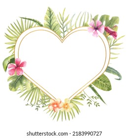 Vector illustration of a heart-shaped frame with tropical plants. Monster, banana leaves, hibiscus, etc. Floral watercolor. For the design of greeting cards, invitations