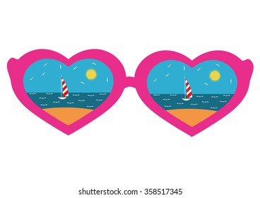 vector illustration, heart-shaped glasses with the reflection of the beach, the icon points in the style of a flat