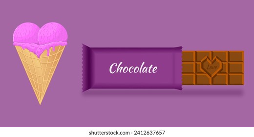 vector illustration of heart-shaped ice cream and chocolate bars.