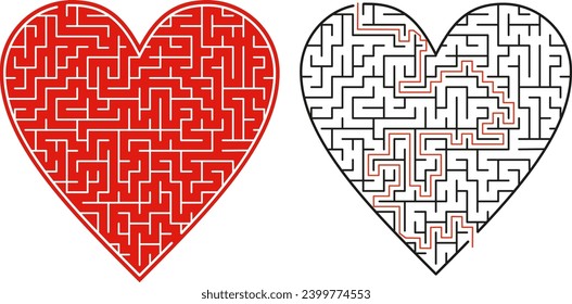 Vector illustration of a heart-shaped maze. Maze with a solution