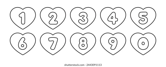 Vector illustration of heart-shaped numbers outlined in black for a coloring page for kids, from zero to nine.