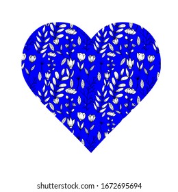 Vector illustration. A heart-shaped object with a blue pattern background with flowers, herbs and branches in the style of hand drawing. Element for print, postcard, design, etc.