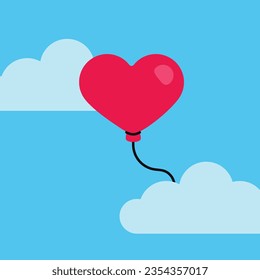 Vector illustration of heart-shaped red balloon floating in a blue sky with clouds.